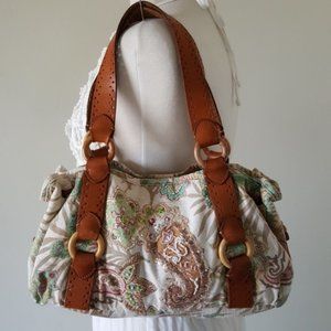 Fossil Beaded Canvas & Leather Bag